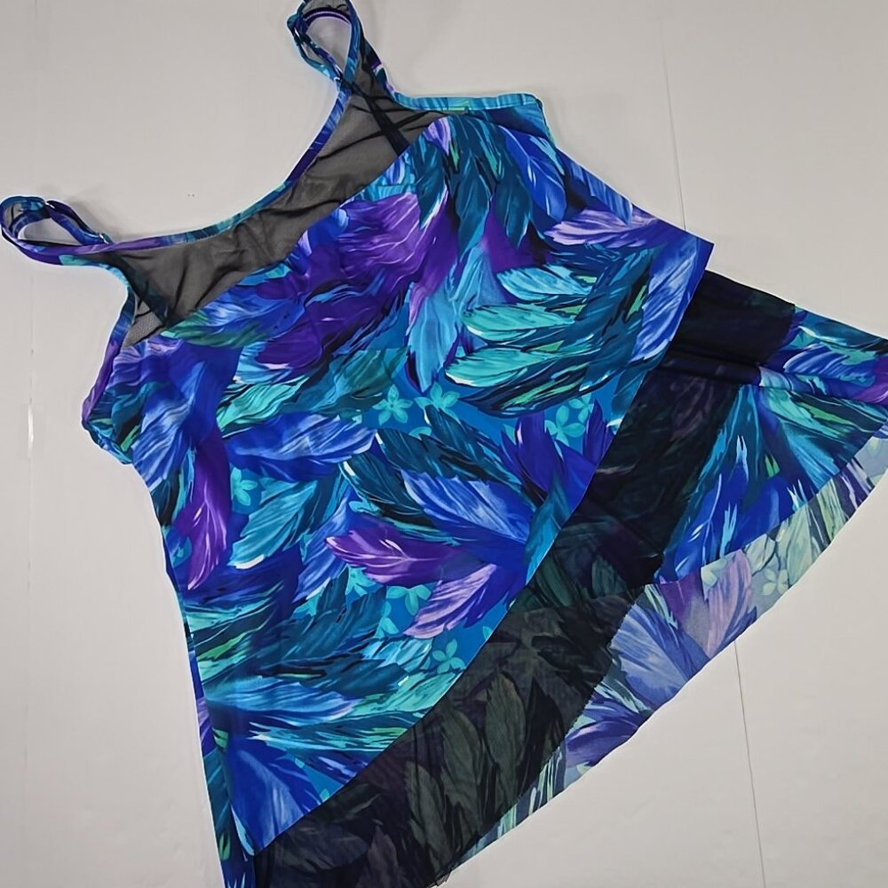 MIRACLESUIT Mirage Palm-Print Underwire Asymmetrical Tankini Top Swim SIZE 12..